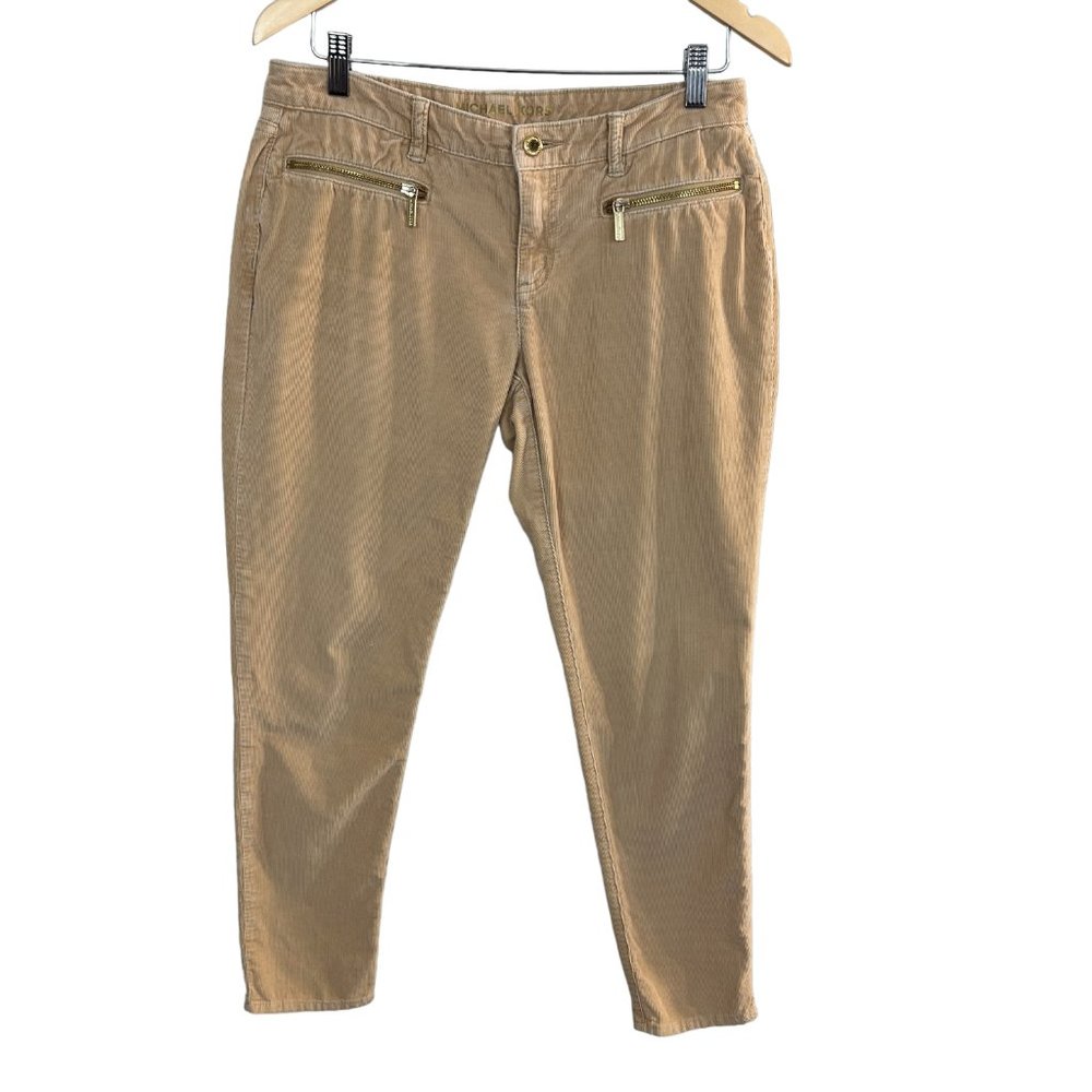 Michael Kors Corduroy Pants 4 Womens Khaki Tan Skinny Leg Zip‎ Pockets MK